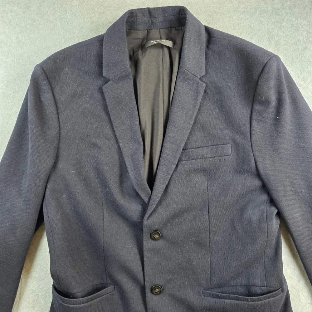 Zara Essentials Blazer Mens L Navy Blue Textured Knit Two-Button Slim Sport Coat